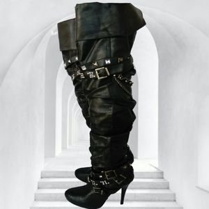 NADARA 6 BLACK THI HI BOOTS RHINESTONES STUDS thigh high pre-owned